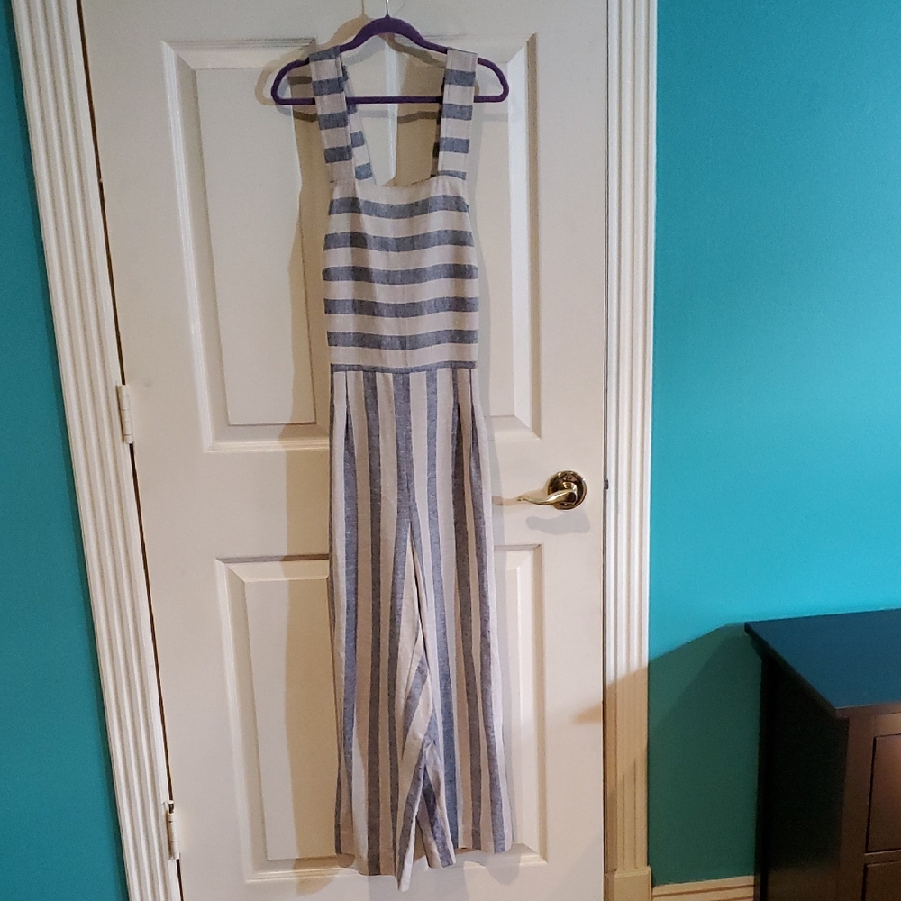 Altar'd State Blue & Cream Striped Jumpsuit Overalls Small Linen Cotton Blend